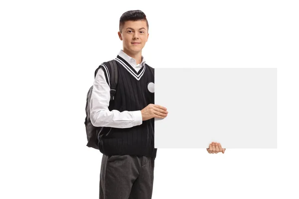 Férfi Tini Diák Kezében Egy Üres Jelzőtábla Elszigetelt Fehér Háttér — Stock Fotó