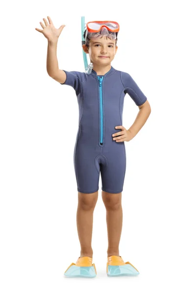 Full Length Portrait Boy Wearing Wetsuit Diving Mask Flippers Waving — Stock Photo, Image