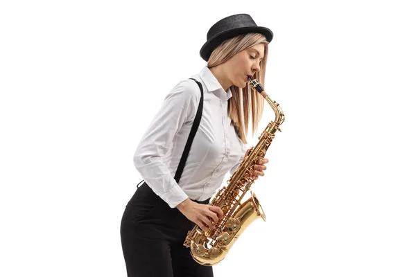 Joven Músico Jazz Tocando Saxofón Aislado Sobre Fondo Blanco —  Fotos de Stock