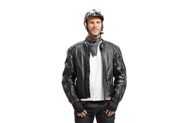 Young Guy Biker Isolated White Background — Stock Photo, Image