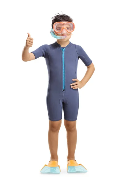 Full Length Portrait Boy Waving Wearing Wetsuit Diving Mask Diving — Stock Photo, Image