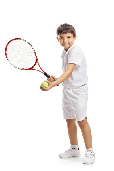 Full Length Portrait Child Tennis Player Serving Ball Racquet Isolated Royalty Free Stock Images