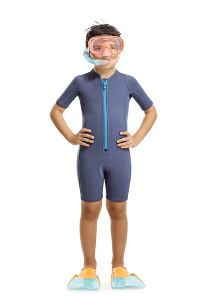 Chłopiec ubrany w kombinezon, maska do nurkowania i płetwy nurkowe — Zdjęcie stockowe