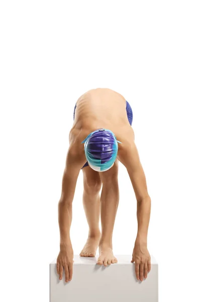 Hivatásos ifjúsági férfi úszó a kezdővonalon fejjel lefelé — Stock Fotó