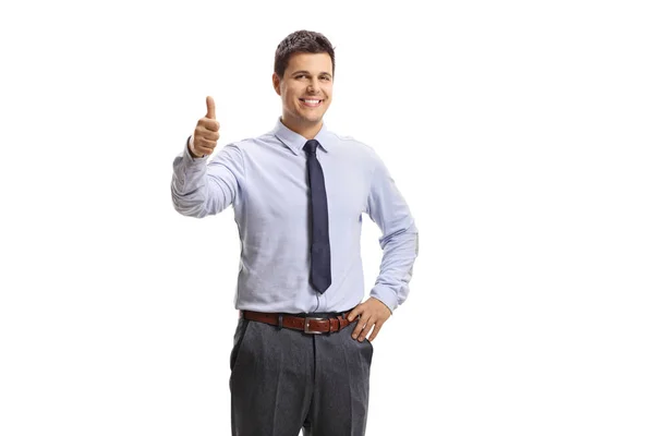 Veselý muž s bílým límcem, ukazující palce — Stock fotografie
