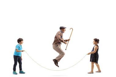 Boy and girl holding a rope and a senior man with a cane jumping clipart