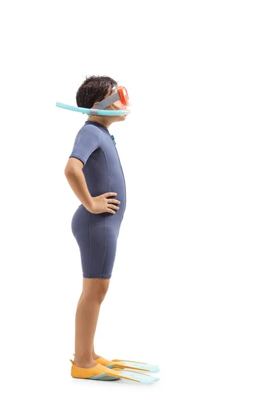 Child in a wetsuit wearing a diving mask and diving flippers — Stock Photo, Image