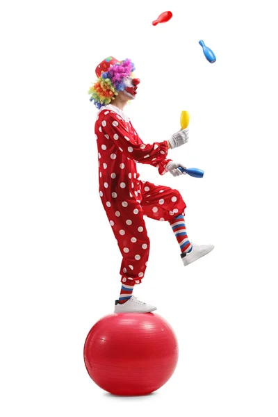 Clown juggling and standing on a ball — Stock Photo, Image