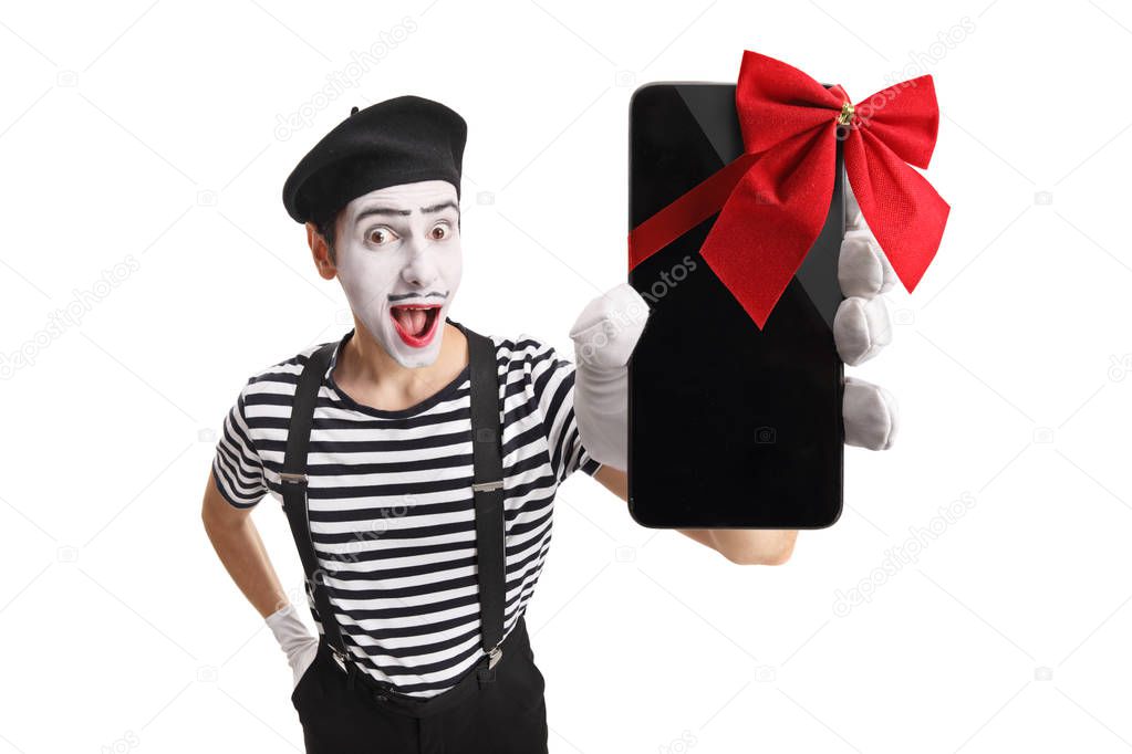 Pantomime man holding a mobile phone with a tied bow 