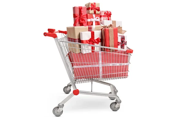 Carrito de compras con una pila de regalos envueltos — Foto de Stock