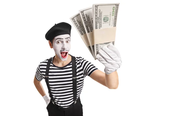 Überraschter Pantomime mit Geld — Stockfoto