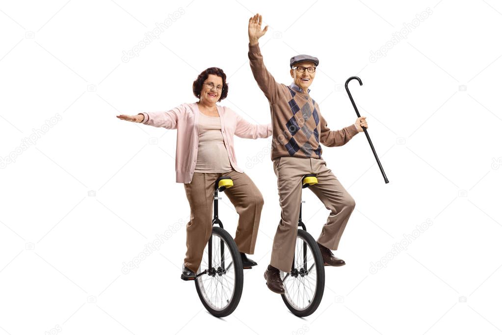 Elderly man holding a walking cane and an elderly woman riding u