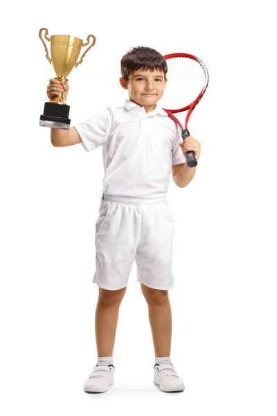 Jogador de tênis infantil com uma taça de troféu — Fotografia de Stock