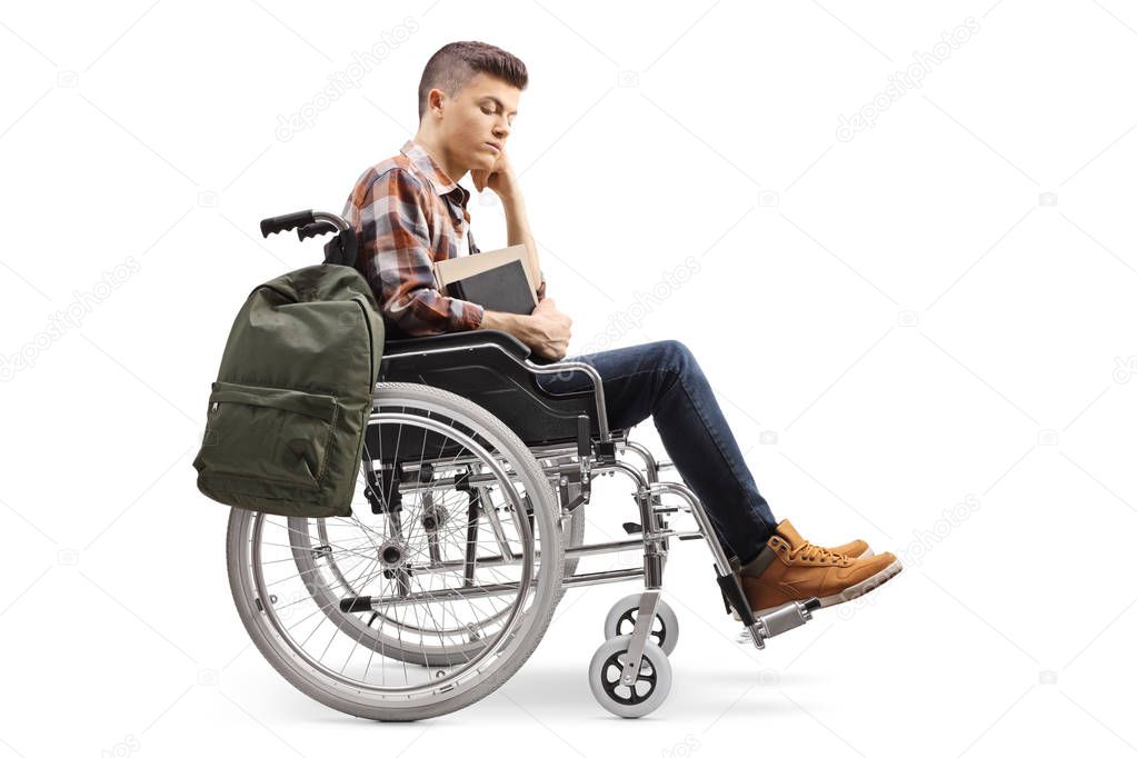 Unhappy male disabled student in a wheelchair
