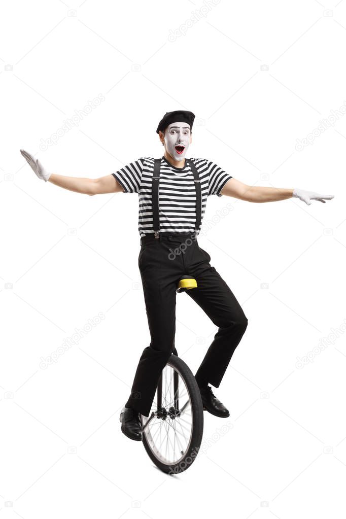 Mime riding a unicycle and balancing with hands