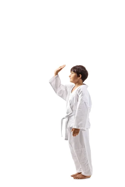 Chico en kimono de karate haciendo gestos choca esos cinco con la mano — Foto de Stock