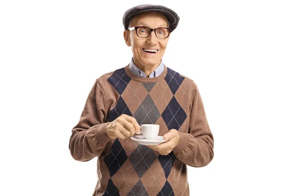 Vrolijke bejaarde man met een kopje espresso koffie — Stockfoto