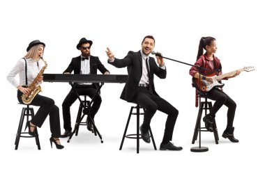 Music band with a guitarist, sax and keyboard and a singer  clipart