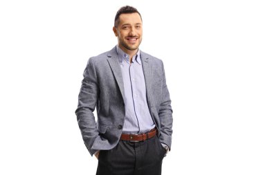 Genç zarif adam ceplerinde elleri ile poz