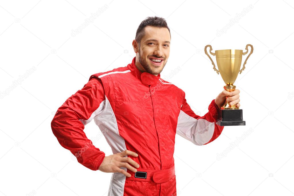 Formula champion holding a gold trophy cup