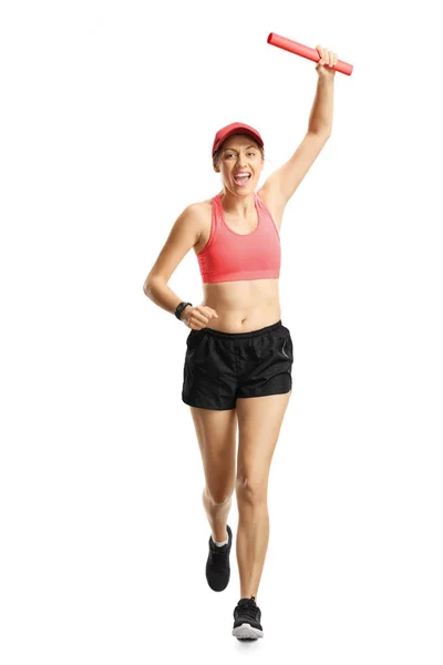 Jonge lachende vrouw rennen met een Baton — Stockfoto