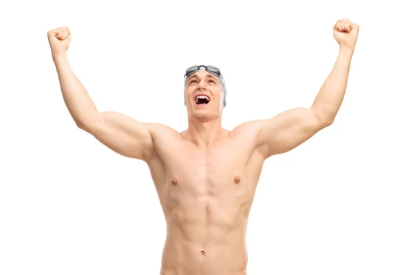Happy male swimmer posing gesturing — Stock Photo, Image
