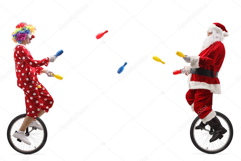 Clown and santa claus riding unicycles and juggling