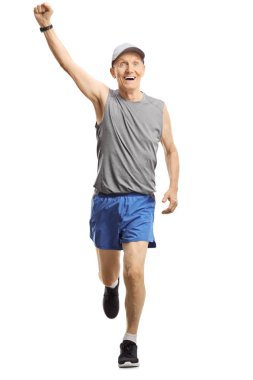 Yaşlı adam koşu ve gesturing mutluluk