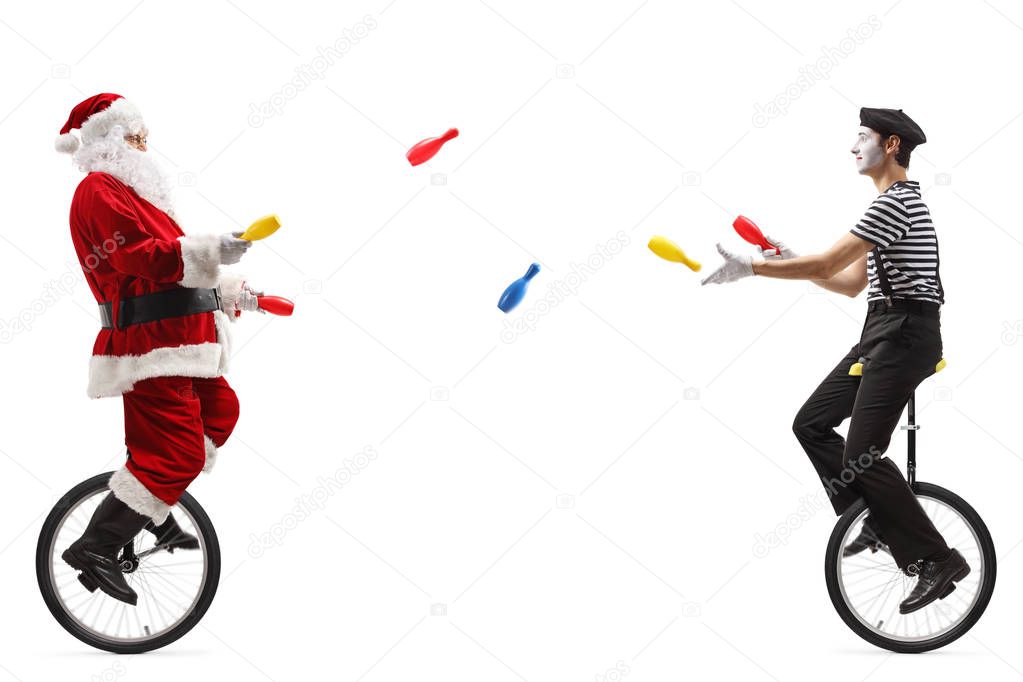 Santa claus and a mime on unicycles juggling with clubs 