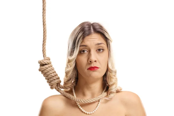 Donna depressa con una corda intorno al collo — Foto Stock