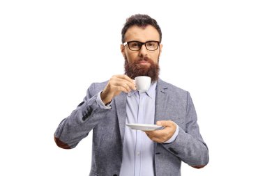 Bearded guy with glasses drinking espresso coffee