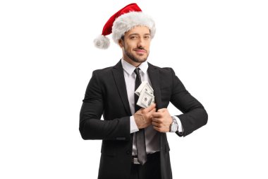 Noel Baba şapkalı takım elbiseli genç adam onun para koyarak 
