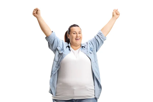 Lycklig korpulent kvinna håller sina händer upp — Stockfoto