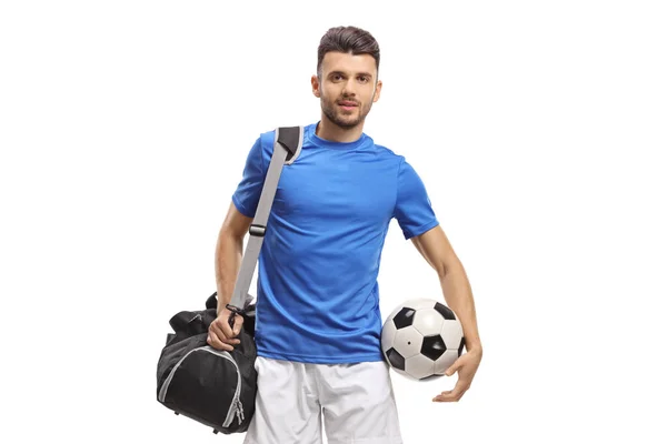 Piłkarz z torbą i piłką — Zdjęcie stockowe