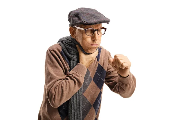 Elderly man coughing and holding his throat — Stock Photo, Image