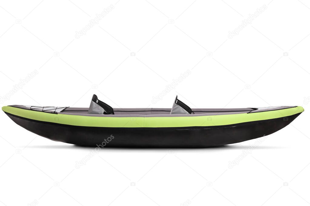 Studio shot of a green and gray canoe kayak