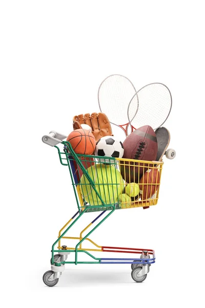 スポーツ用品でいっぱいの小さなショッピングカート — ストック写真