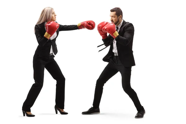 Biznesmen i businesswoman w sparingu z rękawicami bokserskimi — Zdjęcie stockowe