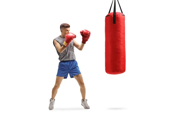 Young guy punching with boxing gloves in a red hanging bag — 图库照片