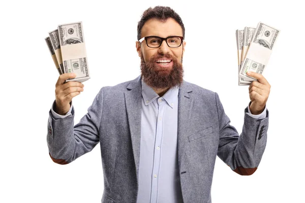 Homem barbudo feliz segurando dinheiro — Fotografia de Stock