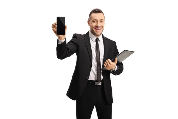 Businessman Documents Showing Mobile Phone Isolated White Background — Stock Photo, Image