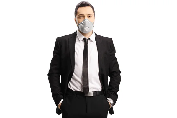 Portrait Businessman Wearing Pollution Mask Isolated White Background — Stock Photo, Image