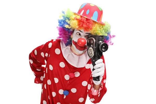 Clown Tenant Une Caméra Vintage Isolée Sur Fond Blanc — Photo