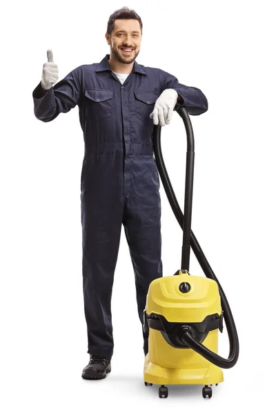 Full Length Portrait Male Cleaner Uniform Professional Vacuum Cleaner Showing — Stock Photo, Image