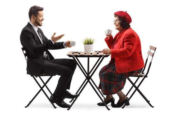 Young Man Suit Sitting Cafe Elderly Woman Talking Isolated White — Stock Photo, Image