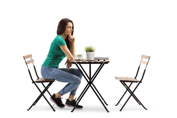 Young Woman Sitting Wooden Table Thinking Isolated White Background — Stock Photo, Image