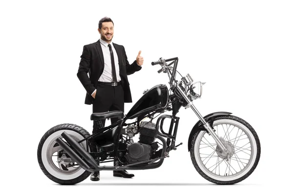 Man Black Suit Standing Chopper Motorbike Showing Thumbs Isolated White — Stock Photo, Image