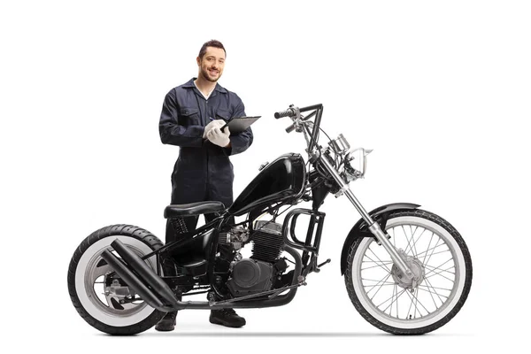 Motorbike Mechanic Standing Chopper Holding Clipboard Isolated White Background — Stock Photo, Image