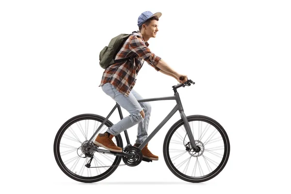 Perfil Estudante Sexo Masculino Montando Uma Bicicleta Isolada Fundo Branco — Fotografia de Stock