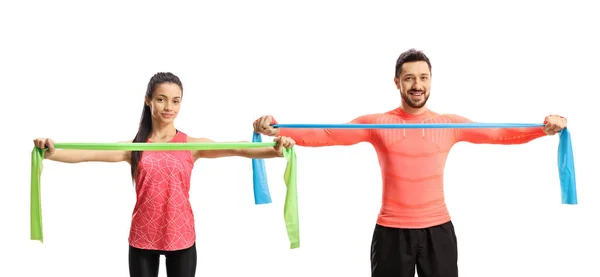 Man Vrouw Sportkleding Oefenen Met Een Elastische Band Geïsoleerd Witte — Stockfoto